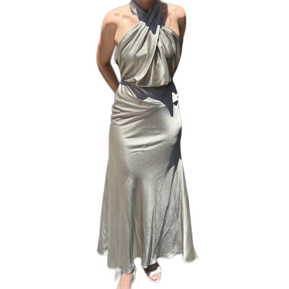 ASOS edition satin ruched halter neck maxi dress, sage green, US 4